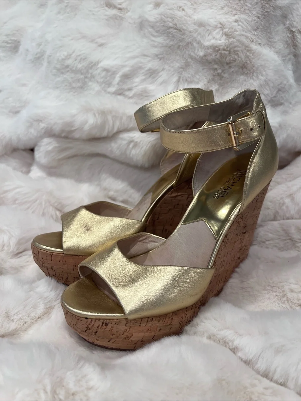 Michael Kors Metallic Gold Cork Wedge Sandals with Ankle Strap